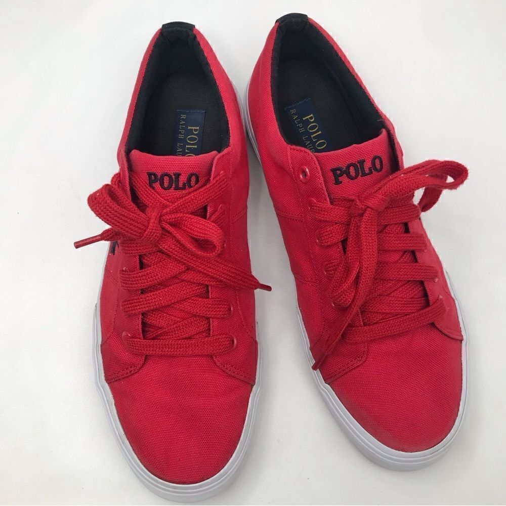 Polo Ralph Lauren Red Canvas Lace Up Deck Boat Shoes with Black Logo